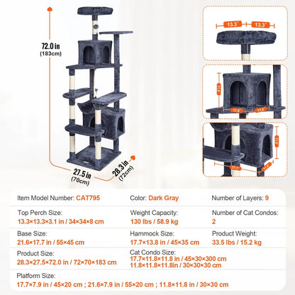 SucceBuy Cat Tree for Indoor Cats 45.2"  Tower with Cat Condo Sisal Scratching Post HammockTop Perch Jumping Platforms Dark Grey