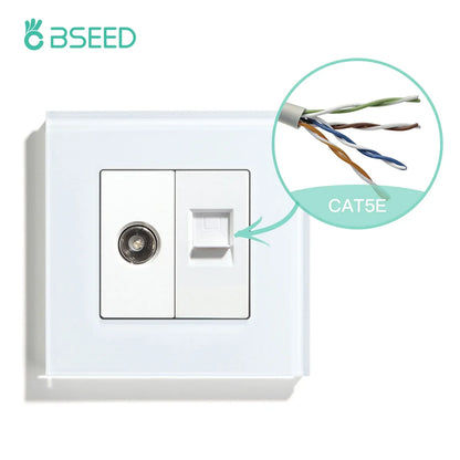 BSEED Single TV CAT5 Internet Socket Double EU Power Socket Triple Germany  With RJ45 Television Wall Sockets Glass Frame