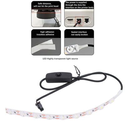 3D Printer LED Light Strip Kit 24V RA95 Fill Lamp High Brightness White Light for Bambu Lab A1 Mini