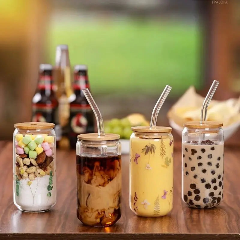 Glass Cup With Straw and Bamboo Lid Transparent Bubble Tea Cup Cold Drinking Glasses Iced Coffee Mug Beer Can Juice Milk Cup