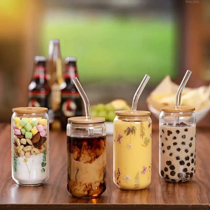 Glass Cup With Straw and Bamboo Lid Transparent Bubble Tea Cup Cold Drinking Glasses Iced Coffee Mug Beer Can Juice Milk Cup