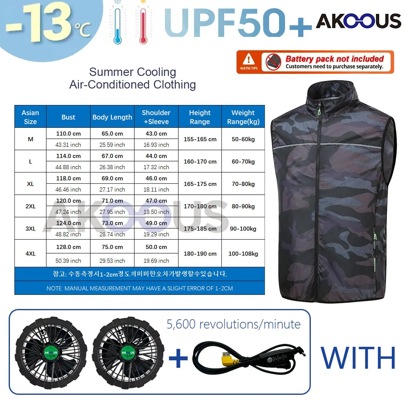 AKOOUS 12V/5V USB 4 Fans Cooling Vest Men Wearable Air Conditioned Clothes for Outdoor Work Fishing Hiking Loose Cool Vest