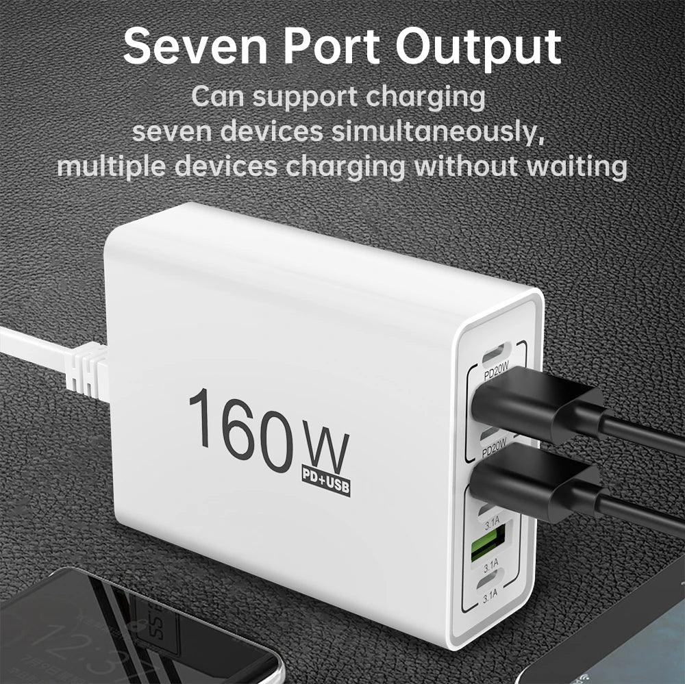 160W 7 Ports USB Charger USB Type C Wall Charger Adapter For Xiaomi iPhone Samsung POCO EU/US Plug USB PD Travel Chargers Socket