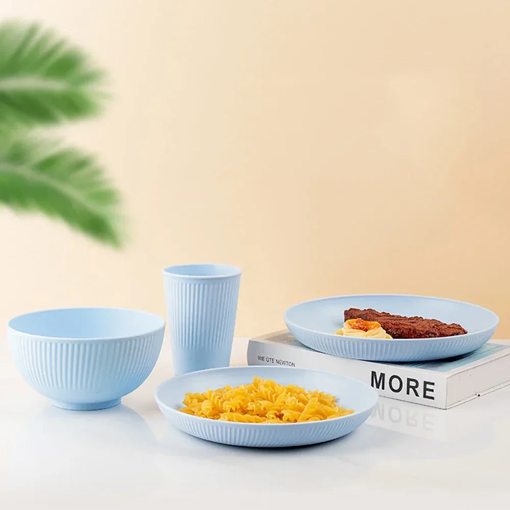 Colourful Wheat Straw Cutlery Set 4Pcs Bowl Cup Dish Set Portable Tableware Set Dinnerware Kits for Picnic Camping