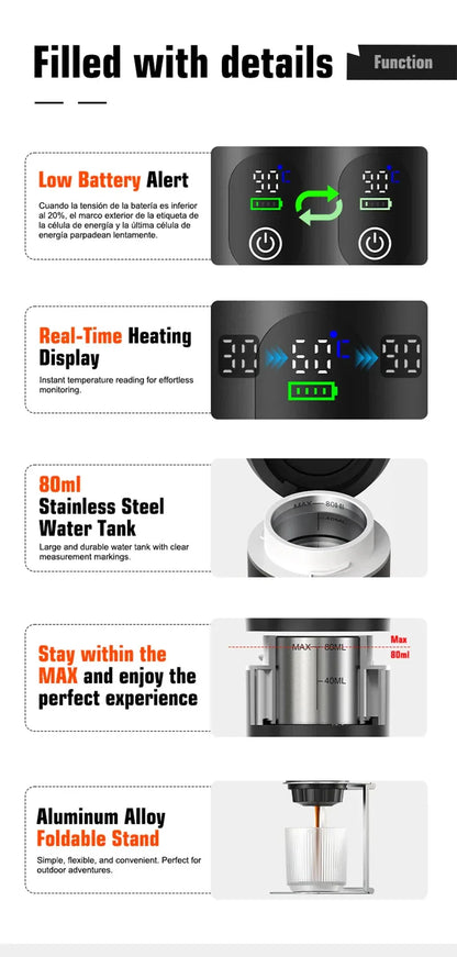 DENOKIN Portable Espresso Coffee Machine With Digital Display 3-in-1 Capsule Coffee Maker for Car & Home Camping Coffee Maker