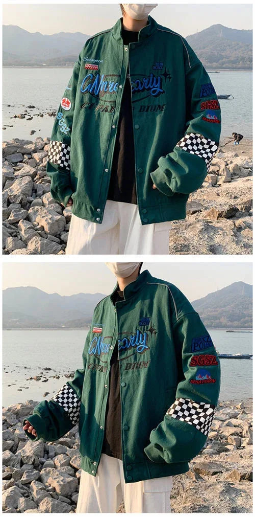 Embroidery Fashion Streetwear Racer Jackets Men Women Y2K HipHop Motorcycle Plaid Vintage Bomber Harajuku Autumn Jackets Coat
