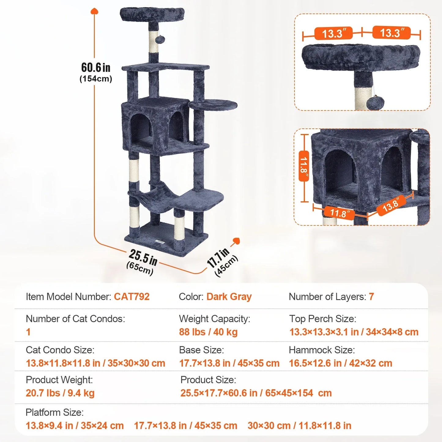 SucceBuy Cat Tree for Indoor Cats 45.2"  Tower with Cat Condo Sisal Scratching Post HammockTop Perch Jumping Platforms Dark Grey