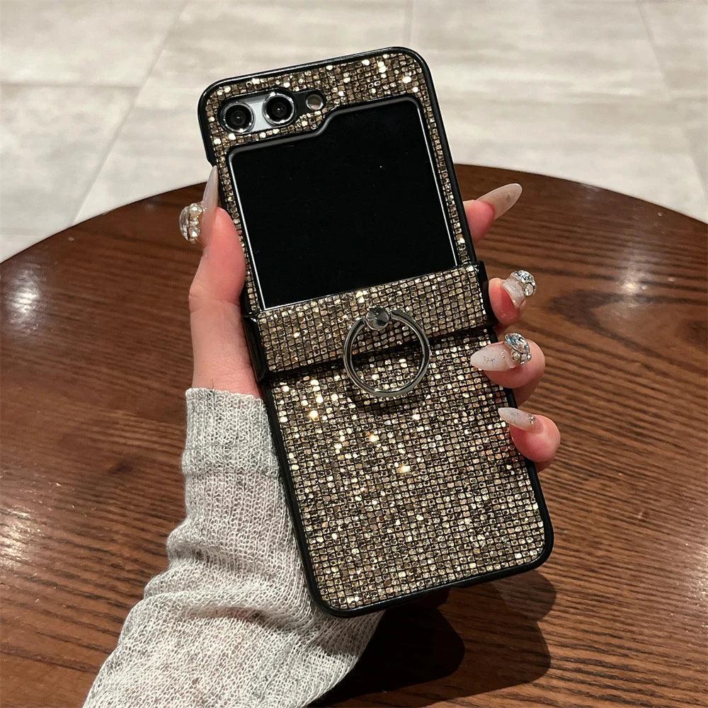 Luxuxy Glitter Sequin Ring Holder Bracket Phone Case For Samsung Galaxy Z Flip3 Z Flip5 Z Flip6 4 Blingbling Back Cover