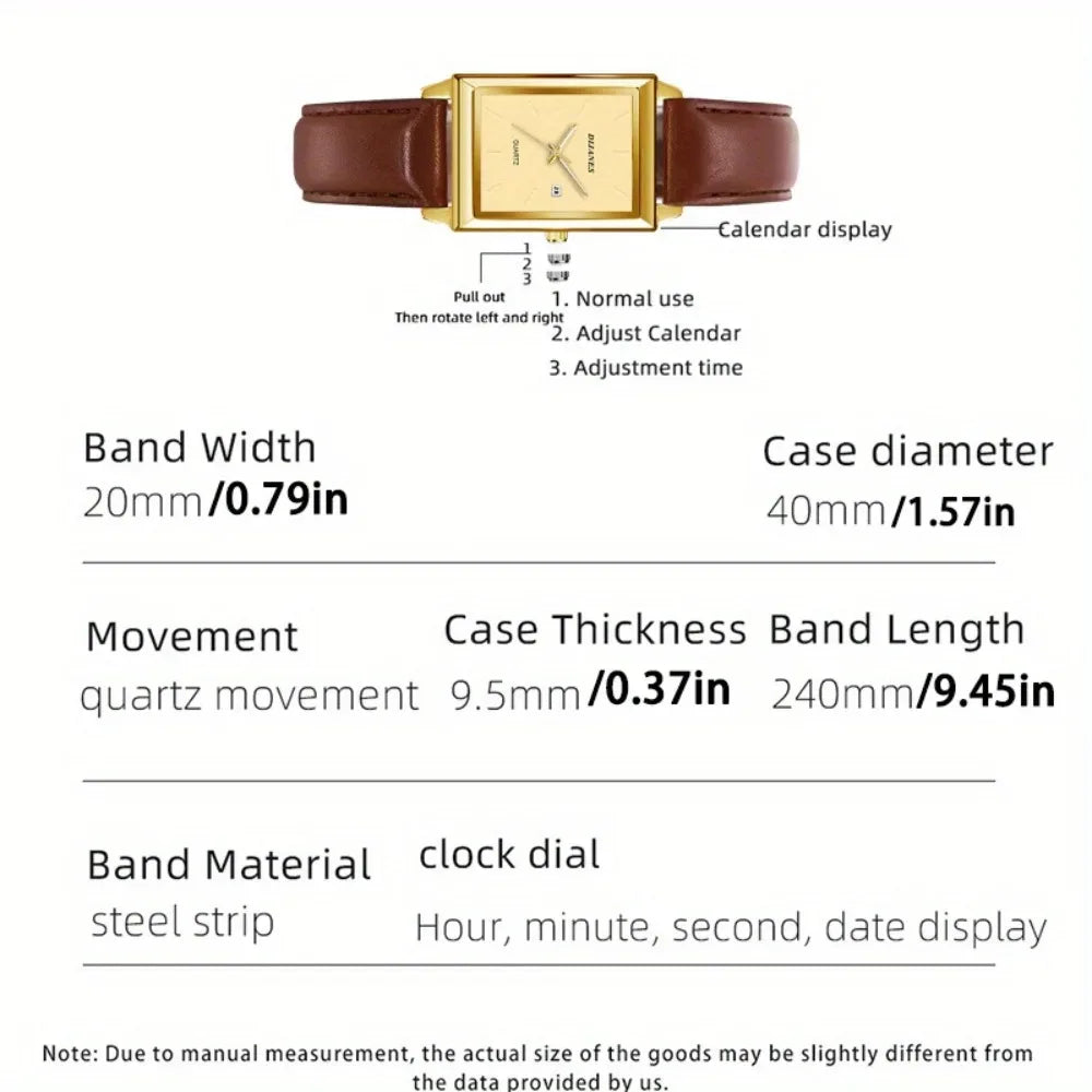 2pcs/set Square Couple's Watch, PU Leather Strap, Quartz Movement | Gifts for Men or Women | Valentine's Day Gifts