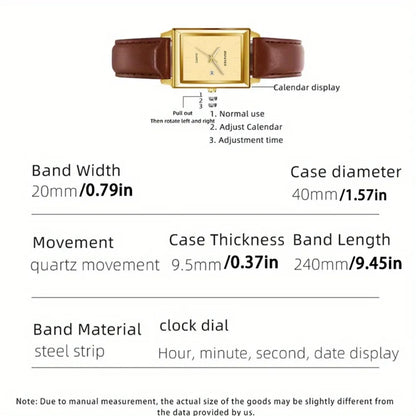 2pcs/set Square Couple's Watch, PU Leather Strap, Quartz Movement | Gifts for Men or Women | Valentine's Day Gifts