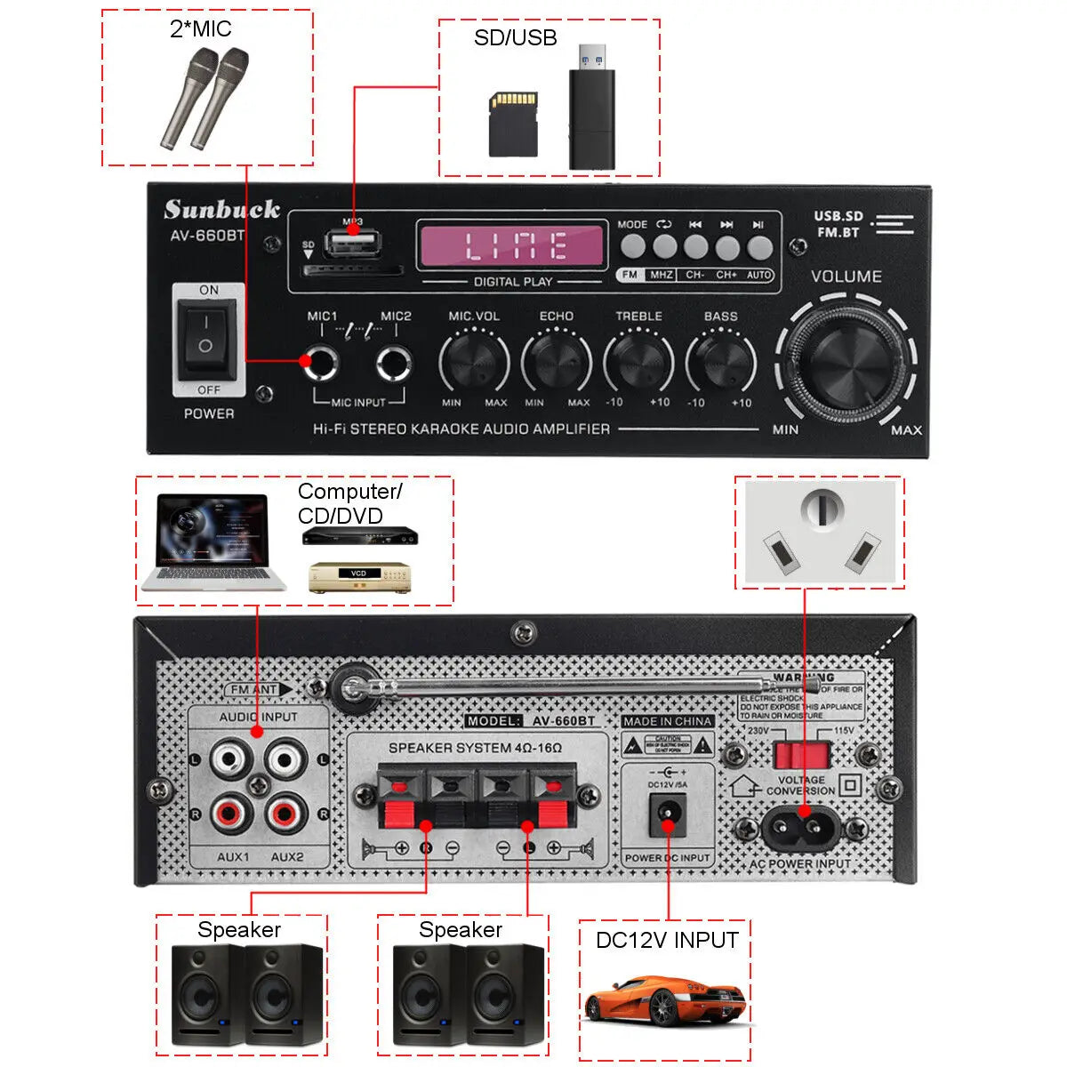 AK35/AV-660BT Audio Power Amplifiers 2 Channel Bluetooth-Compatible HIFI Sound Amplificador 110/220V Home Theater Sound System