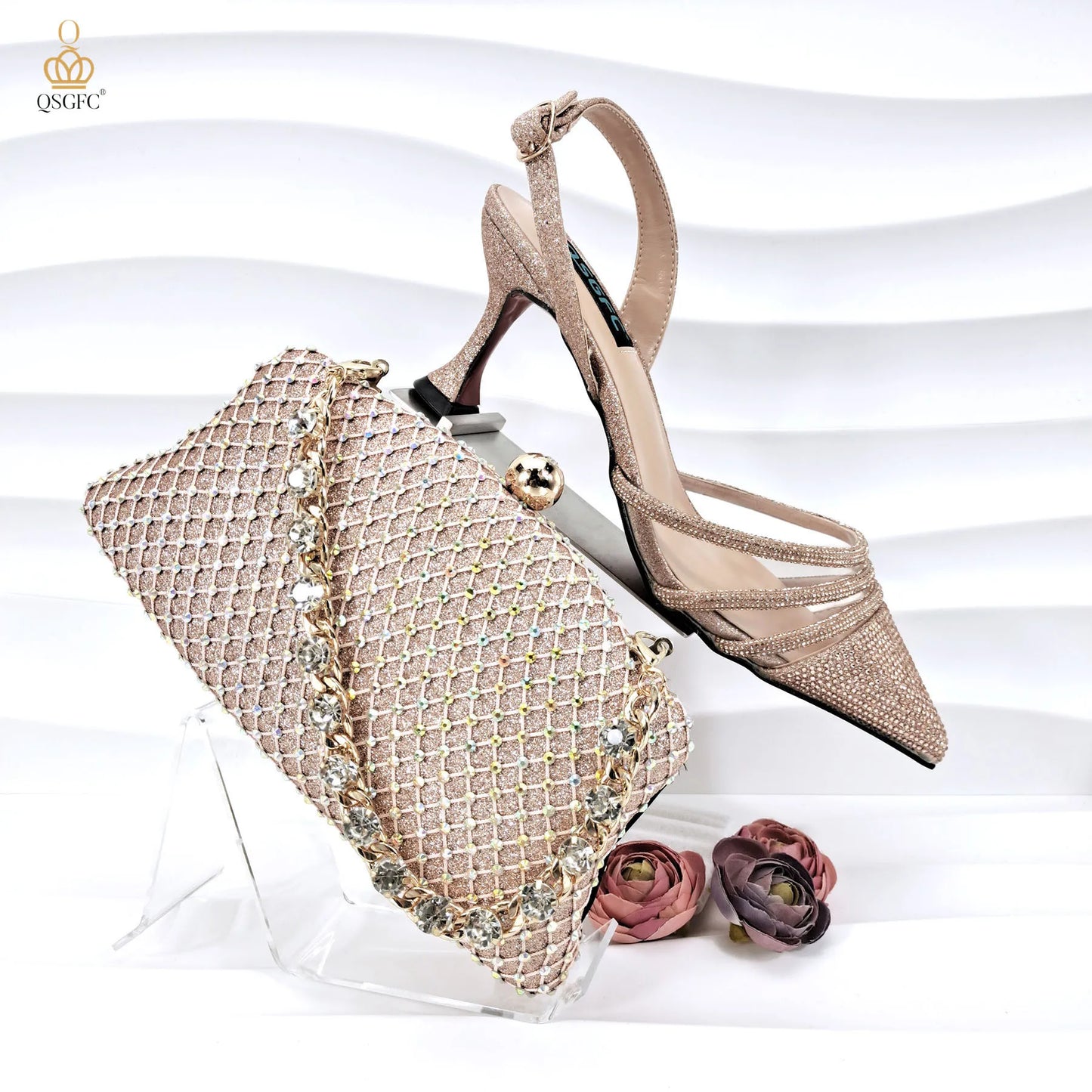 QSGFC African Women's Fashion Crystal Square Button Pointed High Heels Water Diamond Shiny Wine Color Sandal Bag Set