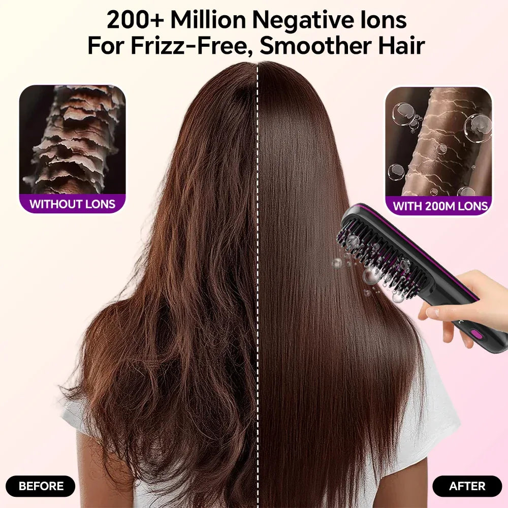 Rechargeable Hair Straightener Brush with 20s Fast Heating and 3 Temp Settings, Straightening Comb with Negative Ions for Women