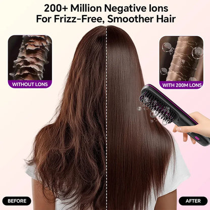 Rechargeable Hair Straightener Brush with 20s Fast Heating and 3 Temp Settings, Straightening Comb with Negative Ions for Women