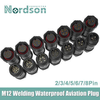 M12 Welded Connector Outdoor 2 3 4 5 6 7 8 Pin IP68 Waterproof Assembled Connector Joint Aviation Docking Male Female Plug