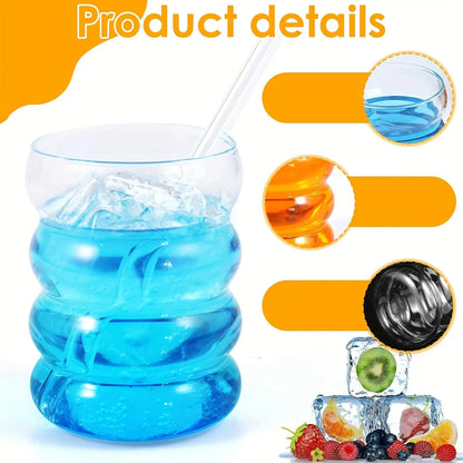 2 High Borosilicate Glass Coffee Cups 350ML/11.8oz with Straw and Brush, Vintage Ripple Design, Transparent Aesthetic Drinkware