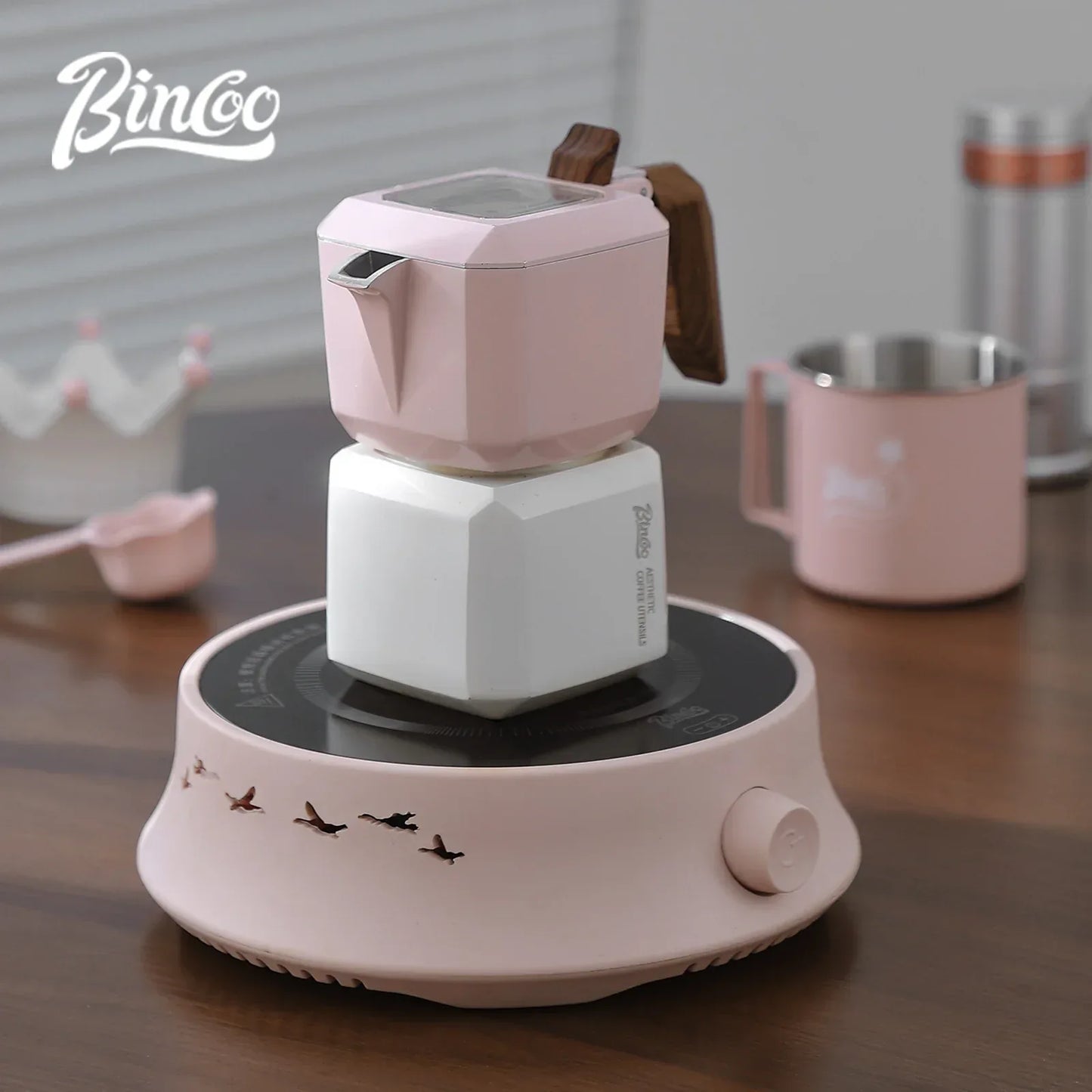 BINCOO Dual Valve Moka Pot Square Coffee Pot Espresso Pot Coffee Extraction Maker Set Electric Stove 220v Italian Home Barista