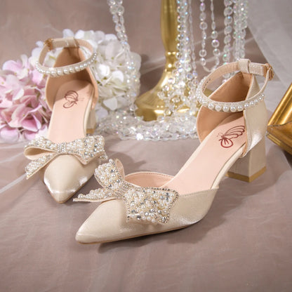 Maogu 2023 Pearl Bowtie Ankle Strap High Heels Shoes Woman Beige Red Bling Crystal Wedding Shoes Elegant Med Heels Women's Pumps