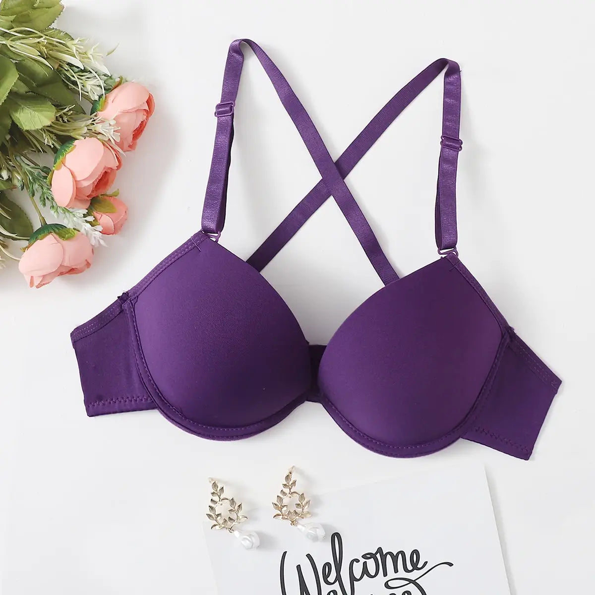 Purple strip steel support brassiere sexy cross back bra women's underwear detachable shoulder straps A2122