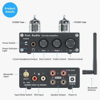 Fosi Audio T20 Bluetooth Vacuum Tube Amplifier AptX HD Stereo Power Amp 50W TPA3116 Headphone Amplifier For Home Speakers
