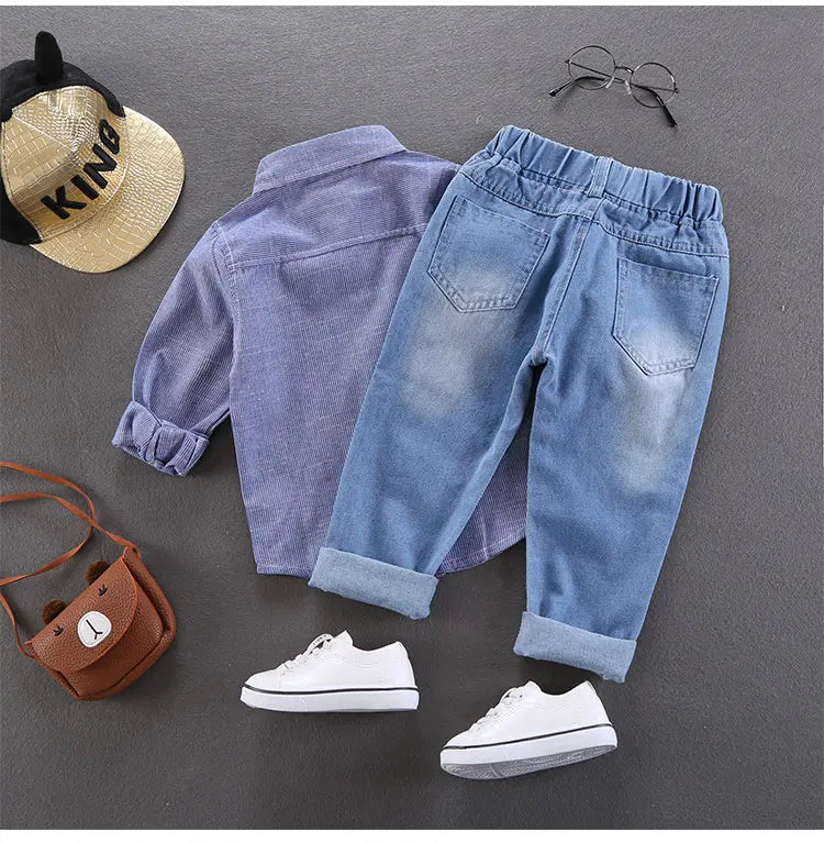 Spring Autumn Children Jeans  Boys Cotton Print Splice Stretch Denim Pants Korean Teenage Trousers Wear Kids ClothingDenimRipped