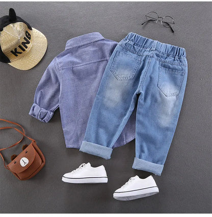 Spring Autumn Children Jeans  Boys Cotton Print Splice Stretch Denim Pants Korean Teenage Trousers Wear Kids ClothingDenimRipped