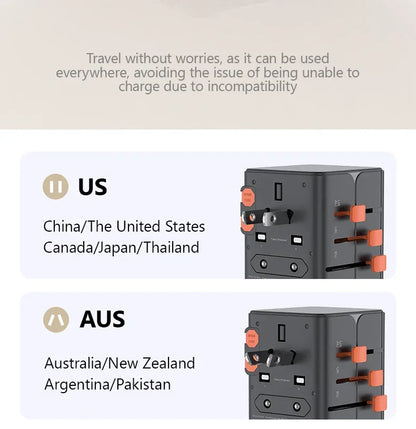 65W/45W/25W GaN Universal Travel Adapter with 2 USB 2 Type C Fast Charging All-in-one Travel Charger EU/UK/USA/AUS for Travel