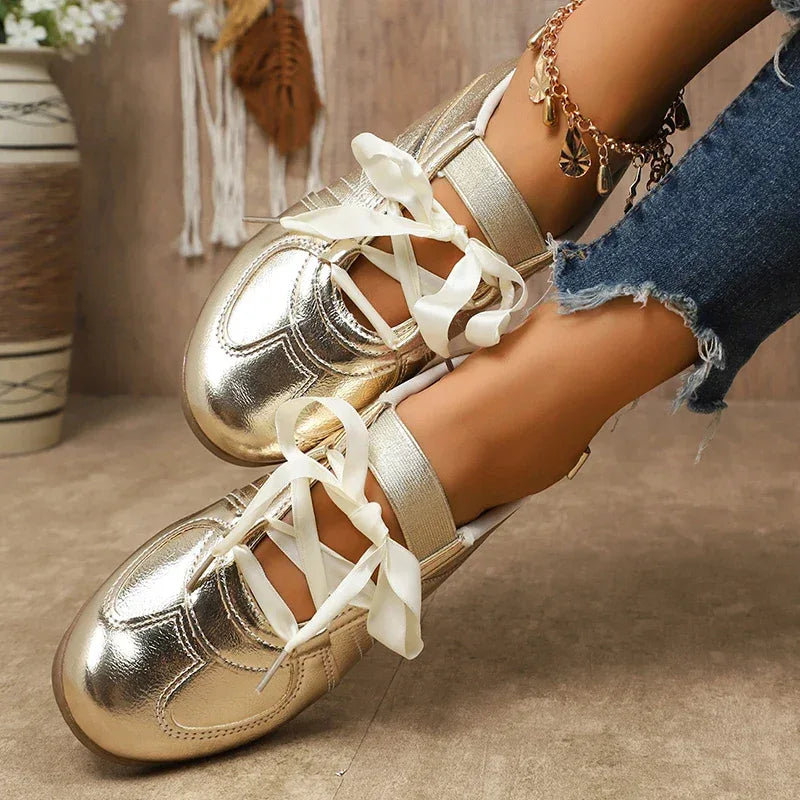 Sweet Ribbon Bowknot Ballet Flats for Women Plus Size 43 Gold Silver Platform Sneakers Woman Comfortable Soft Bottom Flat Shoes