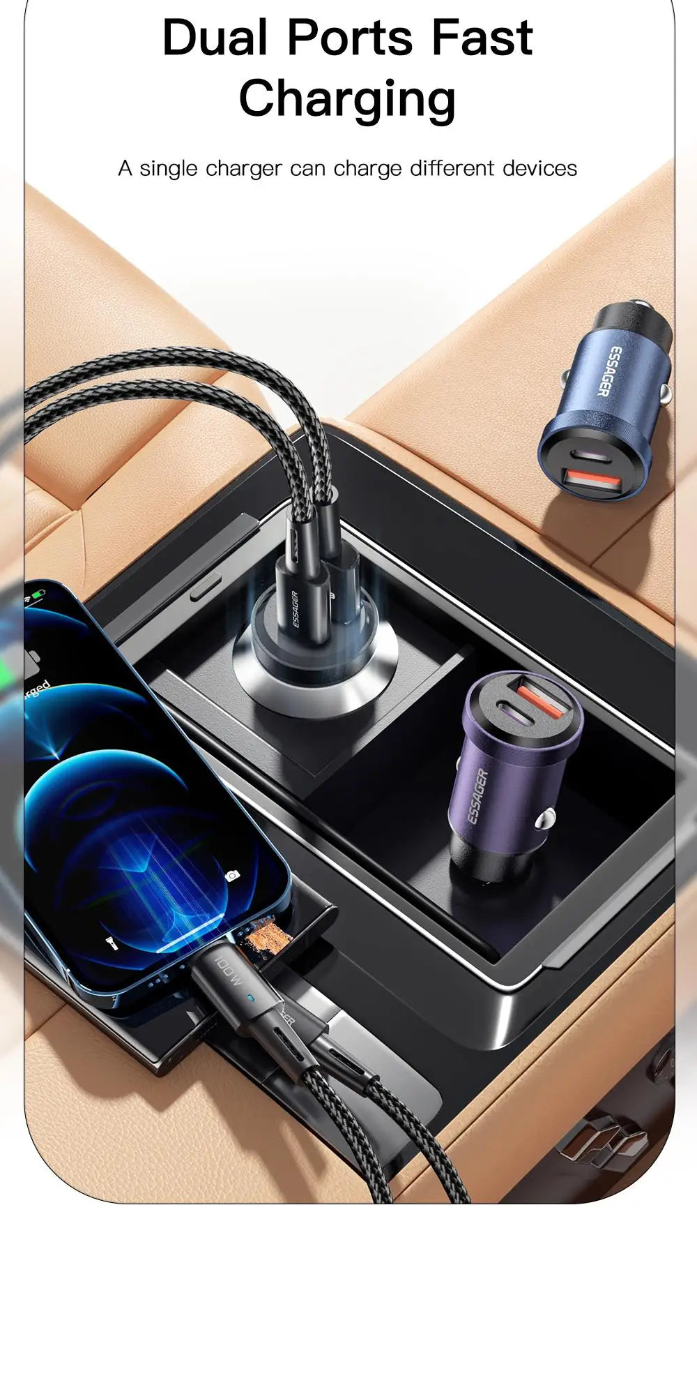 Essager USB Car Charger Quick Charge 4.0 QC4.0 PD3.0 SCP 5A Type C 30W Fast Car USB Charger For iPhone 13 12 Xiaomi Mobile Phone