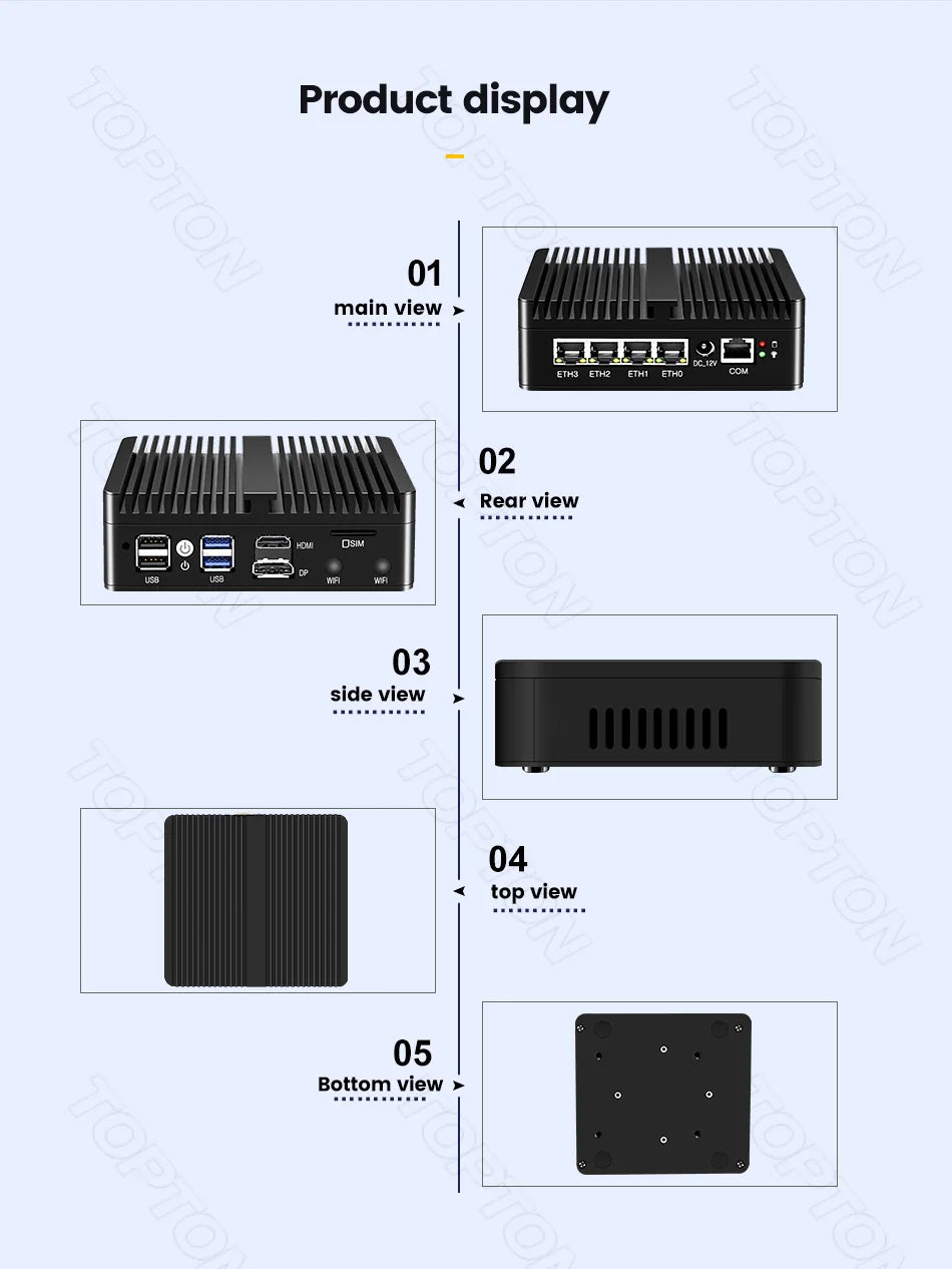 Topton pfSense Firewall Soft Router J6412 J5005 N150 4x i226-V 2.5G LAN NVMe Barebone Fanless Mini PC HDMI2.0 DP AES-NI OPNsense