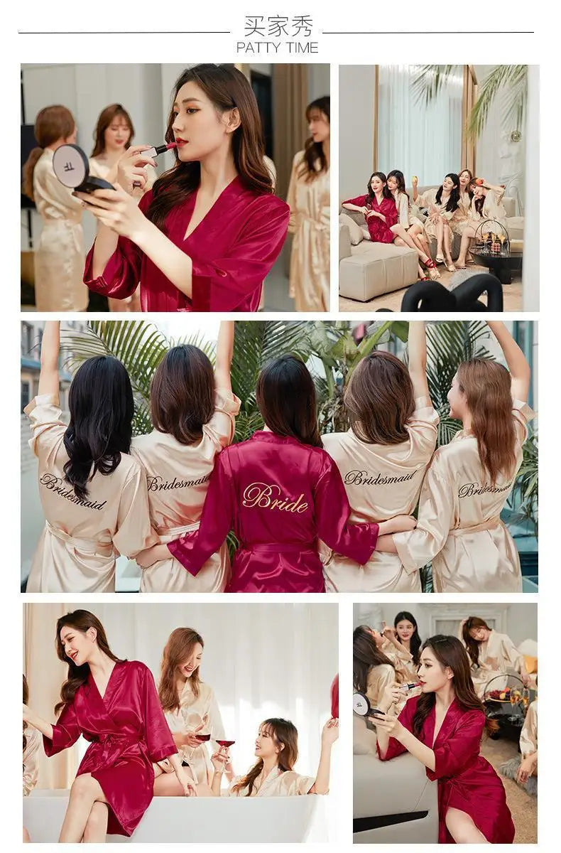 Bride Bridesmaid Wedding Robe Embroidery Kimono Bathrobe Gown Nightgown Casual Satin Short Women Sexy Nightwear Sleepwear
