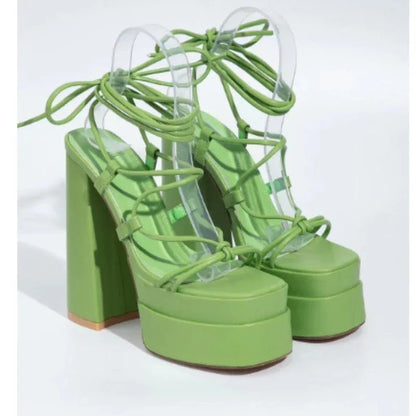 Women Sandals Brand New Sexy Chunky High Heels Pumps Platform Dress Shoes Party Wedding Shoes Cross Lace Up Female Sandals 2025