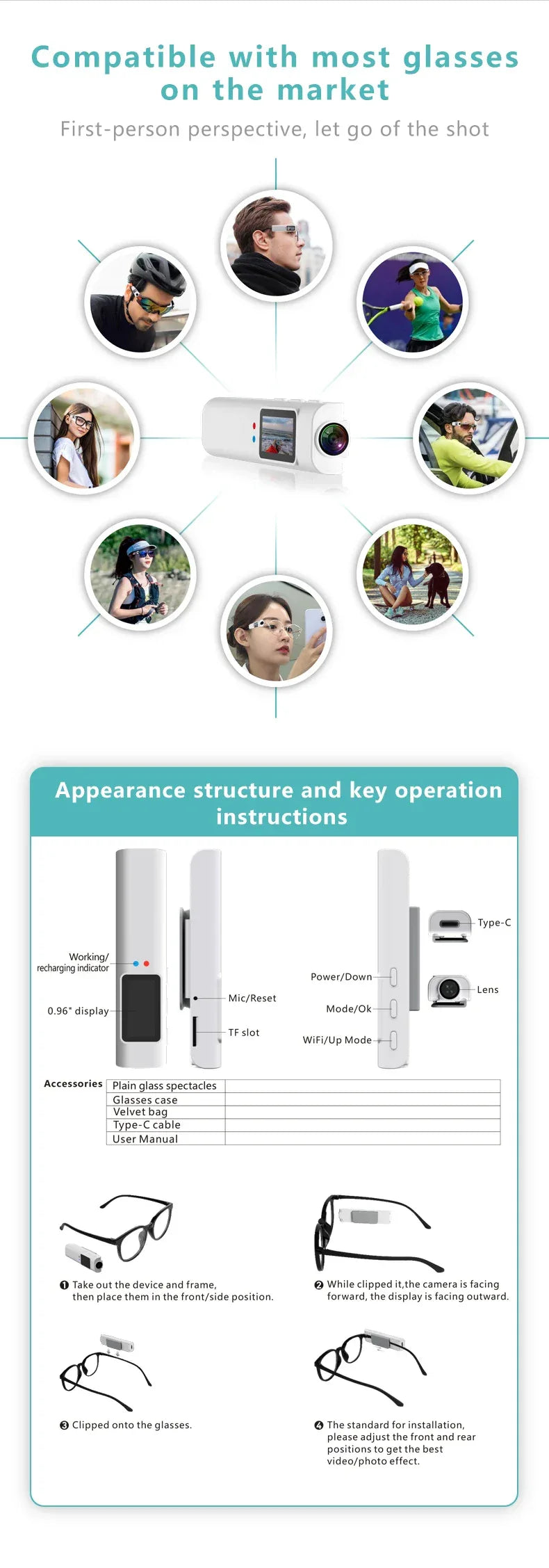 Mini FPV Eyeglasses 4K Video Shooting Micro-camera HD WiFi Intelligent Headset Glasses Video&Sound Recording WiFi APP