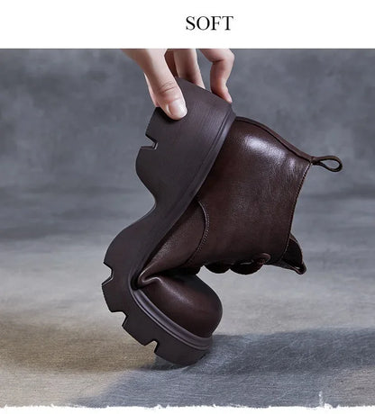 DRKANOL Luxury Design Genuine Leather Ankle Boots For Women Platform Casual Short Boots Women Winter Thick High Heel Warm Shoes