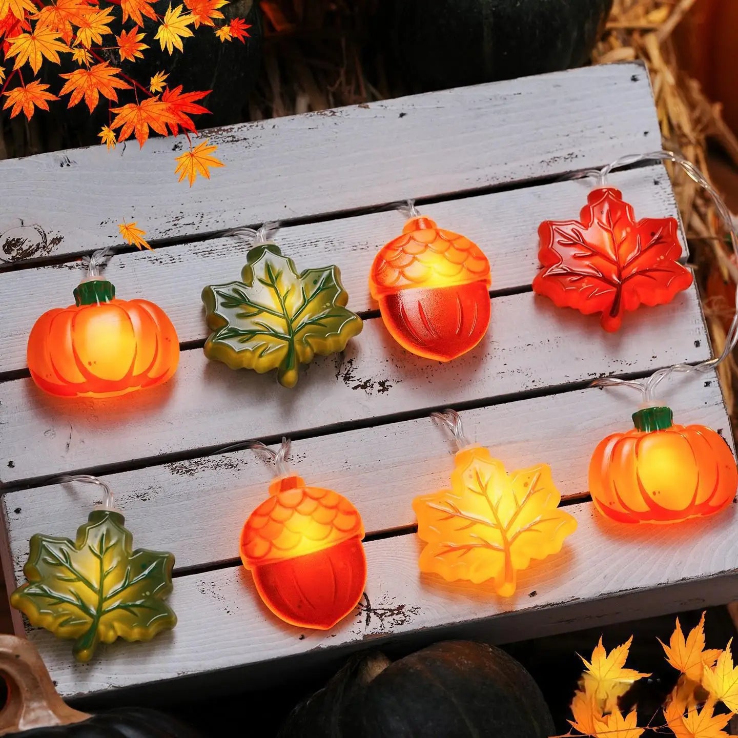 Guirlande lumineuse LED de 1,5/3 m en forme de citrouille, de noix et de feuille d'érable, idéale pour Halloween, Noël ou toute autre fête. Décoration à suspendre, accessoire de décoration ou cadeau de Thanksgiving.