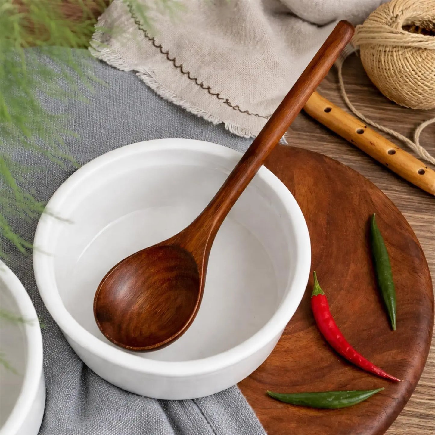 Wooden Serving Spoon Set of 2 Long Handle Eco-Friendly Minimalist Design Acacia Wood Kitchen Utensils