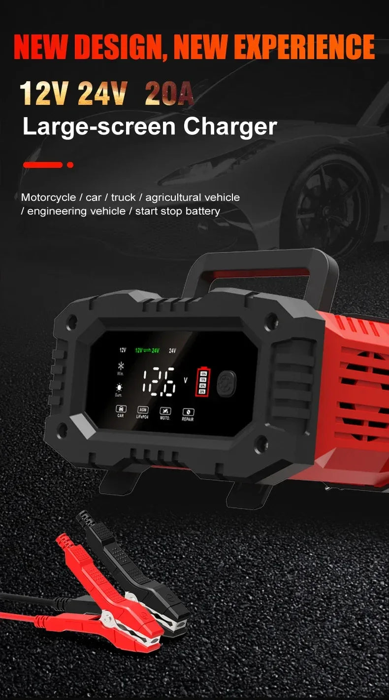 Portable 20A/10A Car Battery Charger 12V 24V Automatic Motorcycle Truck AGM LiFePO4 Lead Acid Start Stop Battery with Repair