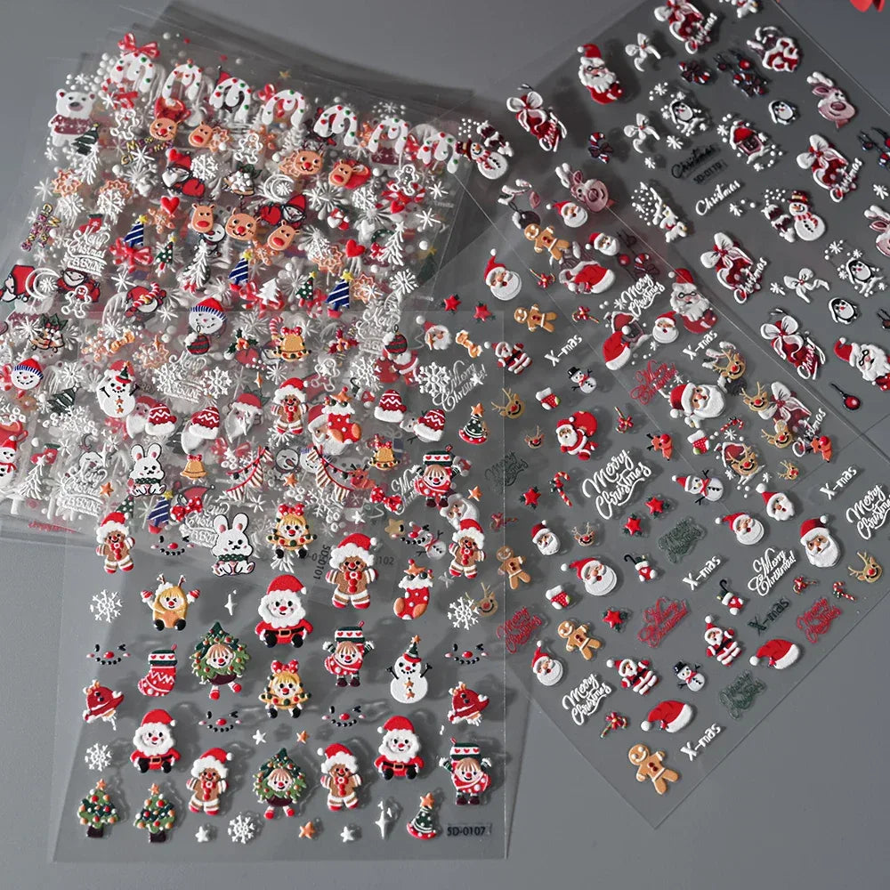 1pc Christmas Nail Art Stickers 5D Winter Holiday Themed Nail Decor Santa/Snowflakes/Christmas Trees/Gingerbread Nail Supplies *