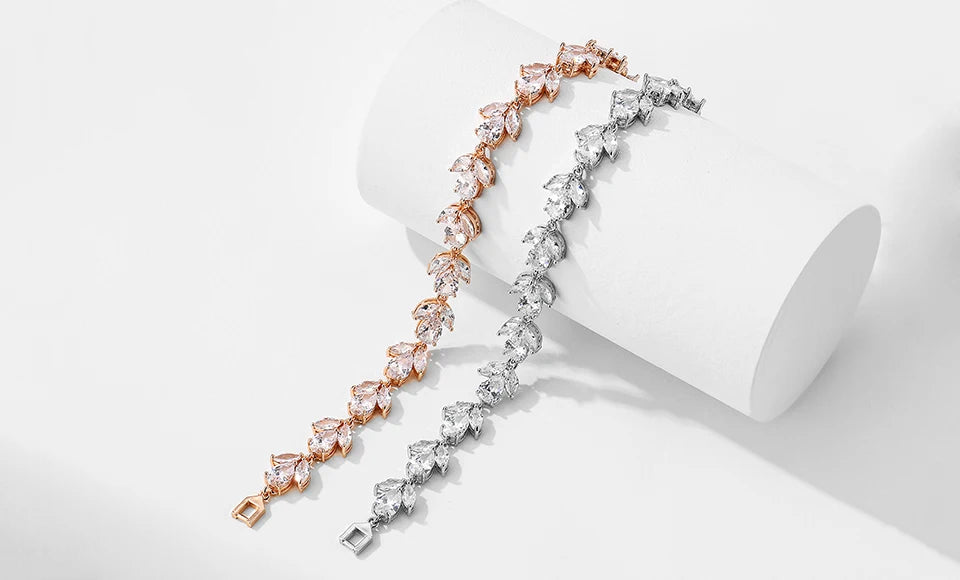 ZAKOL Luxury AAA Cubic Zirconia Wedding Bracelets for Women High Quality White Gold Color Leaf Charm Bracelet Bangles