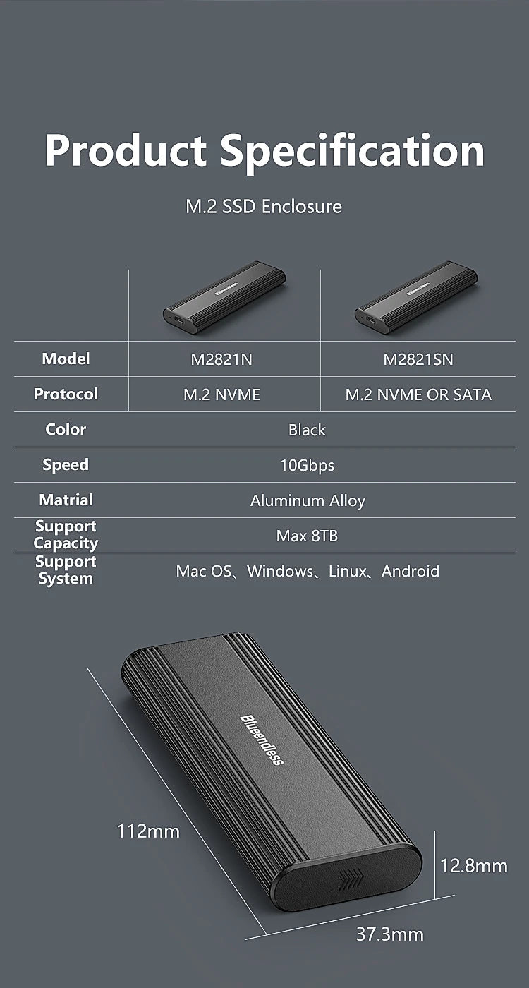 Blueendless M.2 NVME SATA Casing Dual Protocol NVME/NGFF SATA SSD Case 10Gbps Type C SATA NVME M.2 2230 2242 2260 2280 SSD Enclo