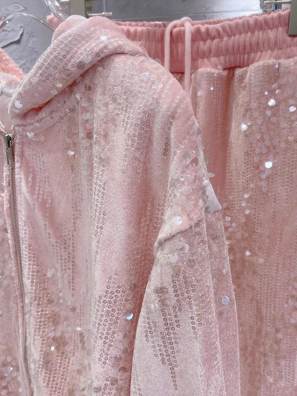 Fashion Pink Casual Suit for Women Autumn Winter New Gold Velvet Sequins Pearl Embroidery Sweatshirt Sports Pants Two-Piece Sets