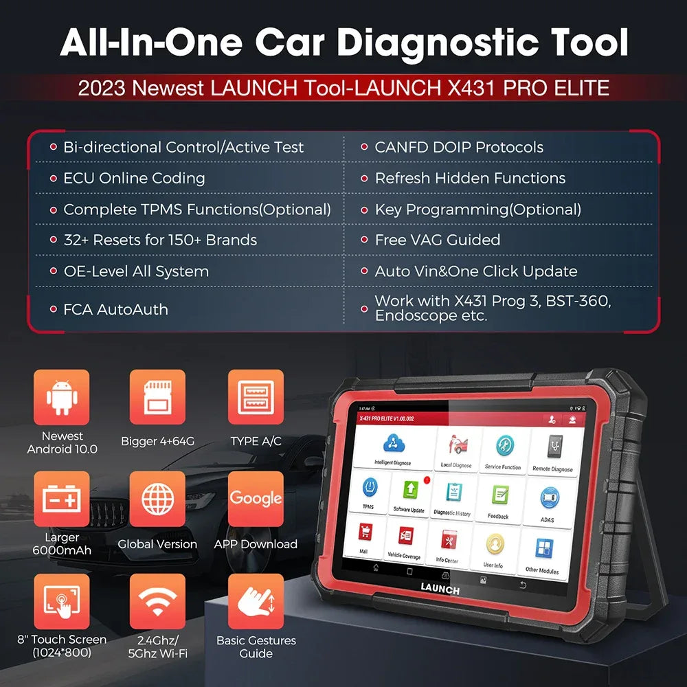 LAUNCH X431 PRO ELITE 8 inch Car Diagnostic Tools Auto OBD OBD2 Scanner All System CAN FD/DOIP Active Test 31 Reset ECU Coding