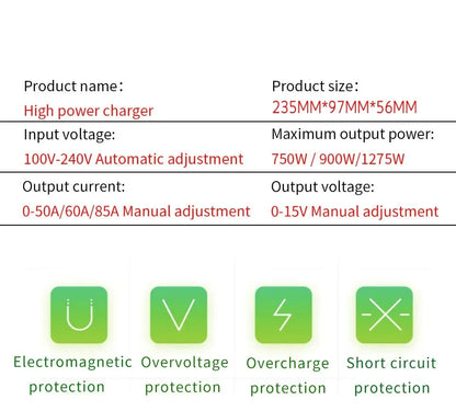 12V 60A 100Ah Solar Large Charger Current Voltage Adjustable for Lifepo4 Universal Chargers Outdoor power supply