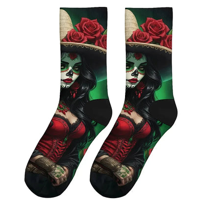 Mens Art Day of the Dead Themed Socks Mexican Grim Reaper Vintage Floral Design Soft Breathable Crew Socks Novelty Holiday Gift