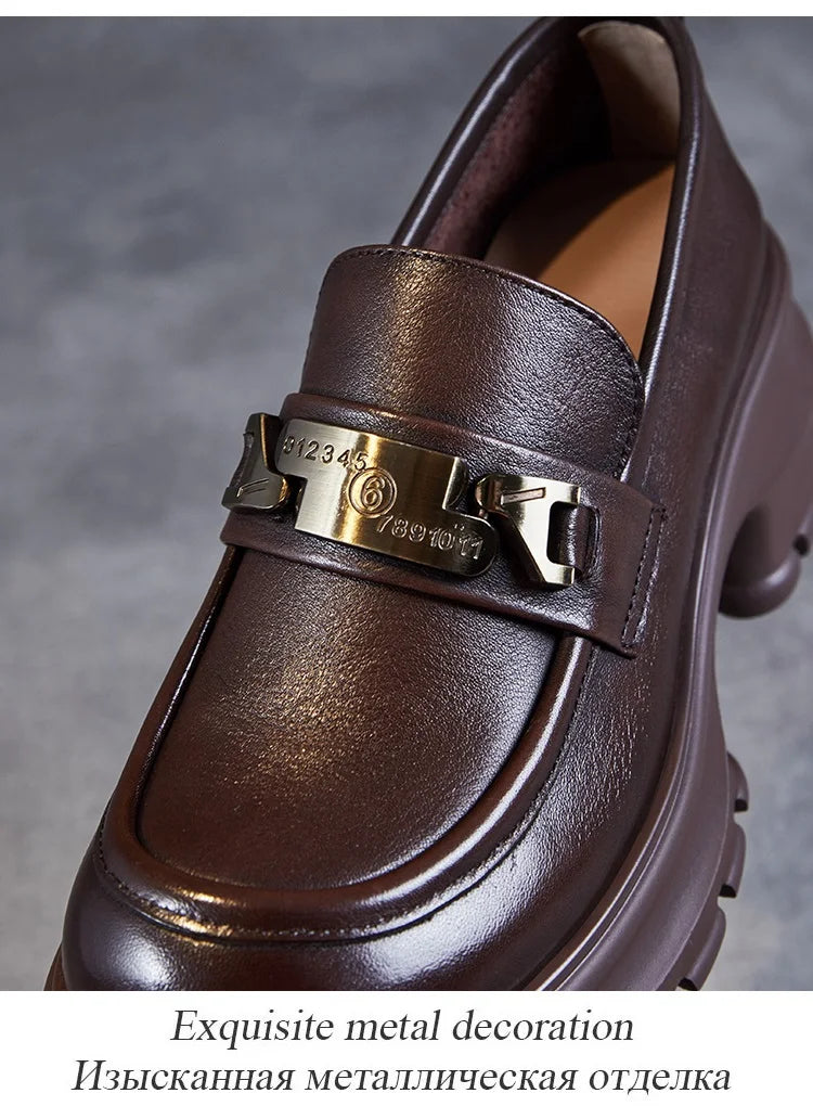 DRKANOL Women Genuine Leather Loafers 2026 Spring Autumn Thick High Heel Chunky Platform Handmade Retro Metal Trend Casual Shoes