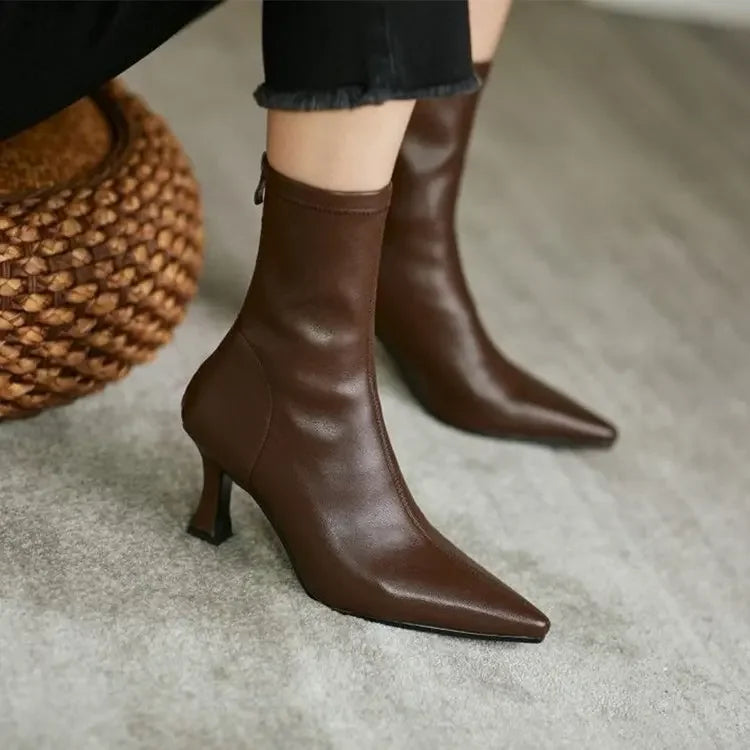 Women High Heel Short Leather Boots  New Boots Female Pointed Thin Heel Boots Ladies Ankle Short Boots Botas De Mujer 2024