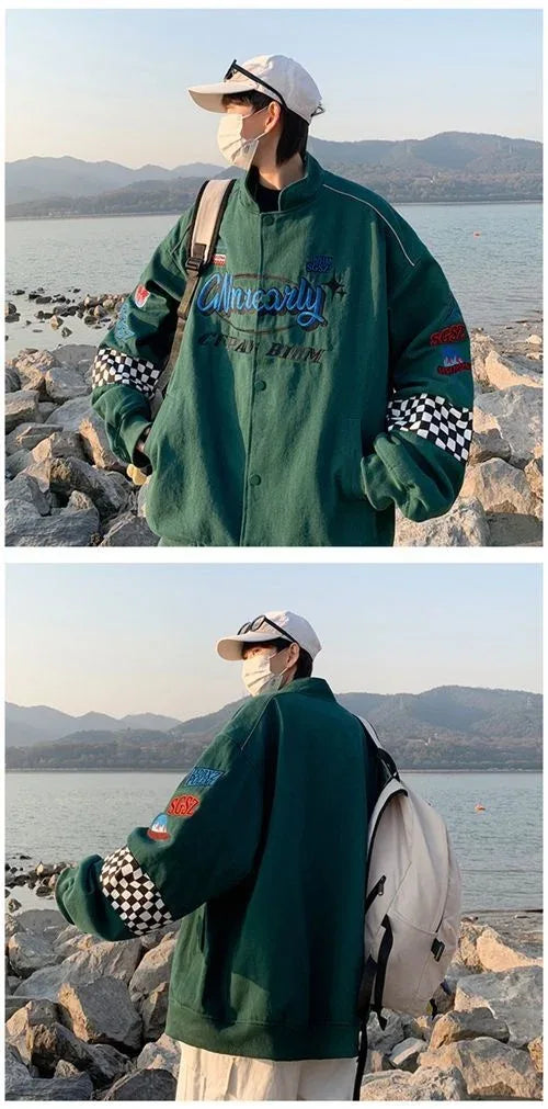 Embroidery Fashion Streetwear Racer Jackets Men Women Y2K HipHop Motorcycle Plaid Vintage Bomber Harajuku Autumn Jackets Coat
