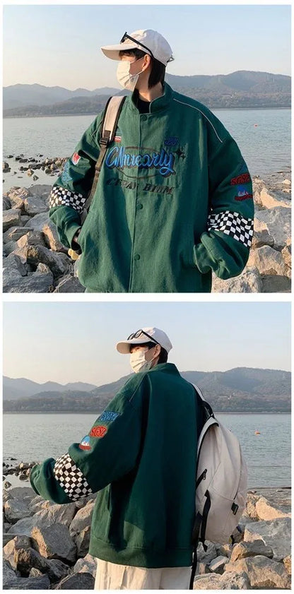 Embroidery Fashion Streetwear Racer Jackets Men Women Y2K HipHop Motorcycle Plaid Vintage Bomber Harajuku Autumn Jackets Coat