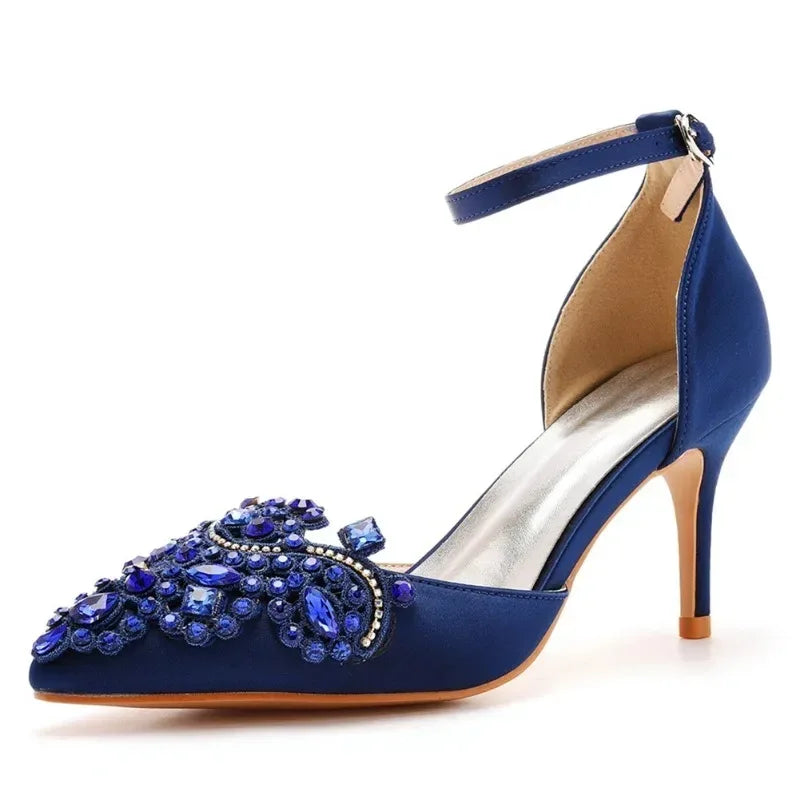 XIHAHA Woman High Heels New Pointed Artificial Diamond Metal Buckle Party Carnival Women's Shoe Satin Girls Banquet Dance Shoes
