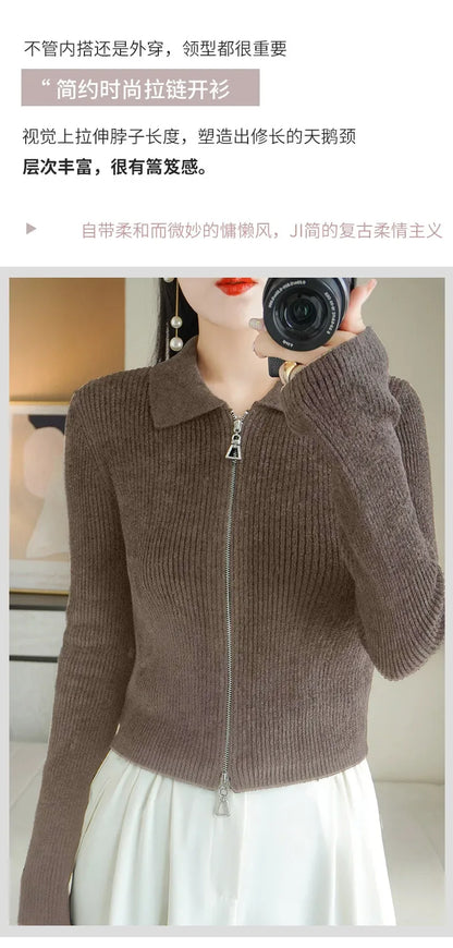 Women Autumn Winter Soft Wool Sweater Polo Collar Thicken Knitted Double Zipper Cardigan Basis Short Top Cashmere Female Coat